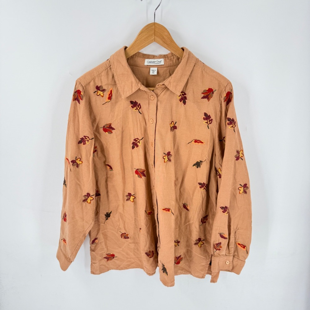 Embroidered Leaves Flannel Coldwater Creek Button Down Shirt Brown PXL Rustic